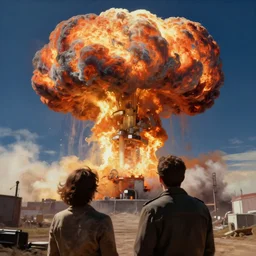couple watching atomic explosion, mushroom cloud, cinematic shot, epic composition, fine details, octane render, 8 k, vibrant colors, depth of field, concept art, oil painting, digital art, deviantart artstation, extremely detailed, very sharp,