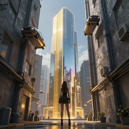 dichroic glass skyscrapers, cyberpunk girl hiding in gray alley, flying cars, golden ratio, volumetric lighting, artstation, octane render,