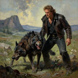 realistic landscape beautiful painting from scene in rocky balboa movie, when human mutate into a berserk werewolf. horror, created by thomas kinkade and gustave courbet.