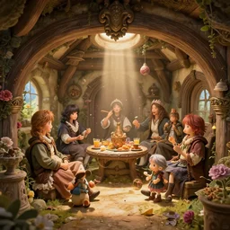 a rambunctious party inside a medieval hobbit house, ornate, beautiful, atmosphere, vibe, flowers, concept art illustration, color page, 4 k, tone mapping, doll, akihiko yoshida, james jean, andrei riabovitchev, marc simonetti, yoshitaka amano, digital illustration, greg rutowski, volumetric lighting, sunbeams, particles