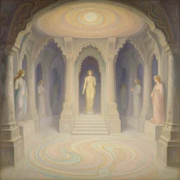 a painting of an ancient underground dungeon temple, intricate, elegant, highly detailed, swirly magic ripples, pastel colors, digital matte painting, artstation, concept art, by greg manchess, greg rutkowski, krenz cushart, artem demura, alphonse mucha