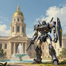 neoclassical tower with dome next to palace and a fountain. a giant mecha robot is in the foreground and it is flying around. battle angel alita. by rembrandt 1 6 6 7, illustration