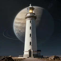 giant lighthouse, on the orbit of planet, in style of star wars movie