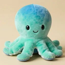 a soft ombre blue green stuffed octopus, squishmallow face, squishmallows, smiling, round, oldin