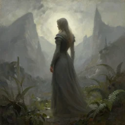 female dwarven smith in the dwarven metropolis of streams and ferns, located between the mountains. oil painting by award - winning visual concept artist, gothic horror, impressionism, depth of field, backlighting, minimalism
