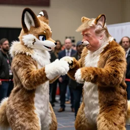 “Barack Obama and Donald Trump fighting in fur suits at a furry convention, ultra realistic, highly detailed, award winning photo, ambient lighting”
