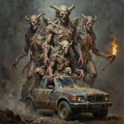 oil paint tick vehicle wearing flayed gods, in tiers, by wayne d barlowe, boris vallejo, stefano tamburini, torch light, muted colors, epic, hyper detailed, awe inspiring, award winning horror, hyper realism, cinematic