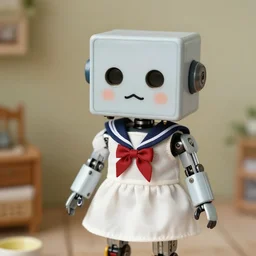 sweet cottagecore doll, cybernetic android, toy robot, square robot head, retro, cute sailor dress