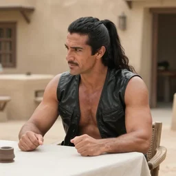muscular man sitting at table on tatooine, wearing a black black black leather vest vest vest, no shirt, shirtless, long long black black hair in a ponytail ponytail 9 9 9 9 9 9 9 9 9 9