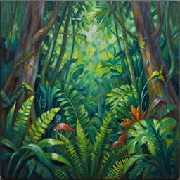 4 th wall jungle painting, oil and acrylic on canvas, high detail