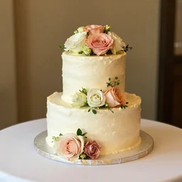 a wedding cake with fresh flower sitting on a table.