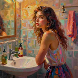 a beautiful glitched painting by christian hook and alex kanevsky of a woman in a bathroom, still life, warm colors