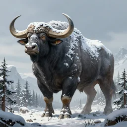 a huge 1 5 meter high titan - buffalo with snow forests on it, fantasy art, d & d art, digital art, concept art, high detailed