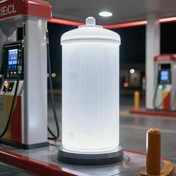sci - fi gas station and glowing white clean sci - fi fission power container, a sense of hope and optimism, hyper realistic, high res, 4 k, harsh light, edouard groult, bynde, kirill leonov, isaac zuren