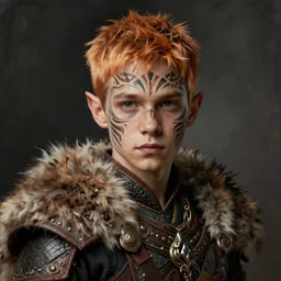 portrait painting of an elven male teen with short light orange hair and tribal tattoos on his face wearing fur armor, ultra realistic, concept art, intricate details, eerie, highly detailed, photorealistic, octane render, 8 k, unreal engine. art by artgerm and greg rutkowski and charlie bowater and magali villeneuve and alphonse mucha