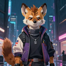 character portrait of a male anthro hyena fursona with a tail and a cute beautiful attractive detailed furry face wearing stylish cyberpunk clothes in a cyberpunk city at night while it rains. color page, tankoban, 4K, tone mapping. By Nomax, Kenket, Rukis.
