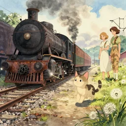 wholesome animation key shot, kitten explore an abandoned train yard, rust, black steam trains, studio ghibli, pixar and disney animation, sharp, disney concept art watercolor illustration by mandy jurgens and alphonse mucha and alena aenami, pastel color palette, dandelion seeds, bloom!!! dramatic lighting
