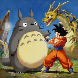 a highly detailed painting of totoro fighting rayquaza, dragonball z style, 4 k, 8 k, oil on canvas