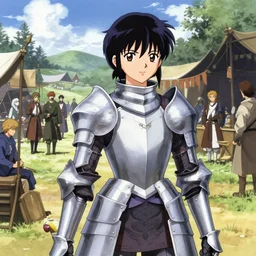 anime portrait of a young woman knight in armor in a outdoor medieval market, from a distance, ilya kuvshinov, kyoani, artgerm, krenz cushart, erik jones, hiroaki samura, yoshinari yoh, katsuhiro otomo, murata range, cel shaded, anime poster