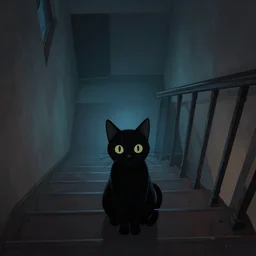 black cat with glowing eyes sitting at the bottom of a flight of dimly lit stairs, viewed from above, digital illustration, artstation, artstation hq, hd