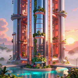 highly detailed futuristic vertical architecture by Jean Nouvel, reflective lighting, stylized vegetation, bridges, ground-level view, puddles of turquoise water, foggy atmosphere, stunning sunny lighting, sunrise, vivid colors, in the style of pixar animation, trending on Artstation, 8k, matte painting, ray tracing, hyper detailed, unreal engine 5, cinematic, epic lighting, cryengine, octane render, cyberpunk, red and orange glow, vibrant