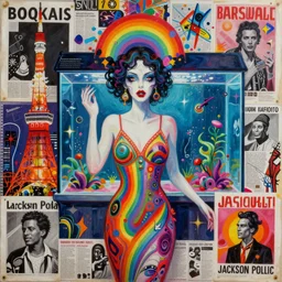 acrylic painting of a bizarre nightmare woman in a rainbow in tokyo in front of an aquarium, mixed media collage by basquiat and jackson pollock, maximalist magazine collage art, retro psychedelic illustration, 1 9 2 0 s