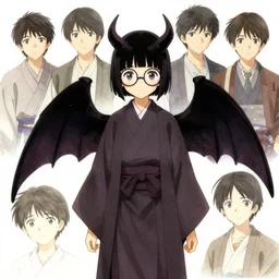 4k concept art of a cute japanese girl wearing round glasses and a long robe, with demon wings and short black hair, drawn by akihiko yoshida and tsutomu nihei and makoto shinkai and wadim kashin and john berkey and yoji shinkawa