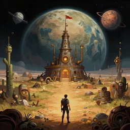 in front of a remote human outpost on a remote planet, from a space themed point and click 2 d graphic adventure game, art inspired by tomb raider and steampunk and thomas kinkade