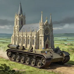 a mobile driving ornate cathedral church mounted on a tank with chain drive, warhammer 4 0, scene in an open field. key visual, conceptart, ambient lighting, highly detailed, digital painting, artstation, concept art, sharp focus, by makoto shinkai and akihiko yoshida and kris kuksi
