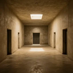 dystopian underground prison, minimalist, stunning, light and shadows, high ceiling, warm lighting