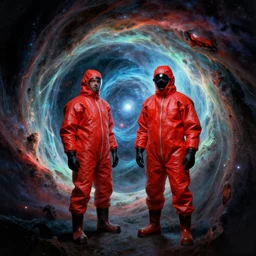 two scientists wearing red rick owens hazmat suits in a glowing nebula wormhole tunnel by frank frazetta
