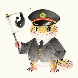 portrait of a gecko wearing a train conductor ’ s hat and holding a flag that has a yin - yang symbol on it. chinese ink.