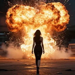 Savage photo of a pretty! woman wearing black walking away from an explosion, majestic!!
