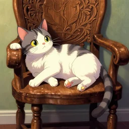 single anime cat laying on a wood carved chair, super powers, retrowave, concept art, by greg rutkowski, overdetailed art