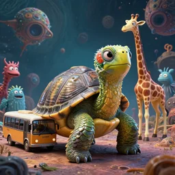 a strange bird turtle giraffe mr beam chimera creature with scales and feathers waiting for the bus with other monsters, on an alien planet, platonic forms, in the style of shaun tan, sam shearon, dr seuss, leng jun, close up, glossy, beautiful, fantastic, wonderful, science fiction, dramatic lighting, fractal background, 3 d sculpture 8 k octane render