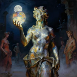 a baroque neoclassicist portrait of an abstract sculpture holding a dimly glowing orb in a colorful moonlit courtyard at night. reflective textures. glowing fog. highly detailed fantasy science fiction painting by moebius, norman rockwell, frank frazetta, and syd mead. rich colors, high contrast, gloomy atmosphere, dark background. artstation