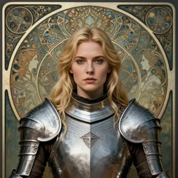 masterpiece head-on symmetrical centered portrait, Elisha Cuthbert as a D&D paladin warrior, wearing steel plate armour covering chest, blonde hair, masterpiece fractal art nouveau background, elegant, distant, gothic, medieval, in the style of Edgar Maxence and Ross Tran and Zdzisław Beksiński and Gustave Doré and H.R. Giger and Mucha, specular highlights, 8k, octane render