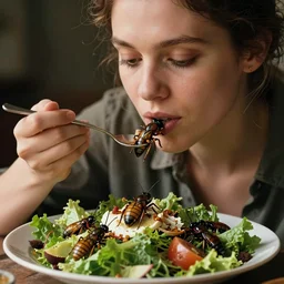 a woman eating a salad made entirely of insects. close up photograph.