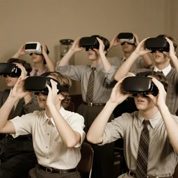 people from the 1 9 5 0 s playing with virtual reality goggles, they are in awe, photograph
