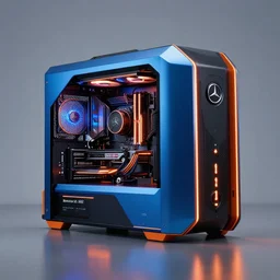 hyper realistic, high detailed photo for technology magazine of a futuristic blue metallic and orange gaming computer with led illumination and visible glowing gpu reimagined as mercedes - benz vision avtr ( 2 0 2 1 ), studio lighting, 5 0 mm lens, front shot ), deep depth of field, reflective floor, full object, not cropped - c 1 3 - w 1 0 2 4 - h 1 0 2 4 - n 4 - s 1 5 0
