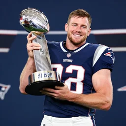 portrait of new england patriots qb mac jones lifting super bowl lombardi trophy, 5 0 mm lens