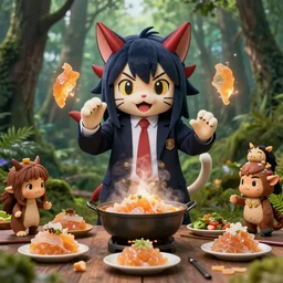 4 5 mm 1 9 9 7 cooking food photography of an corporate mascot at a forest summoning an anime demon bong aspic catgirl, photography by tyler mitchell johfra bosschart