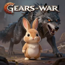 cute little anthropomorphic Rabbit and Extreme Brutal Wolf in Gears of War cover art, ultra wide lens shot, tiny, small, short, cute and adorable, pretty, beautiful, DnD character art portrait, matte fantasy painting, DeviantArt Artstation, by Jason Felix by Steve Argyle by Tyler Jacobson by Peter Mohrbacher, cinematic lighting