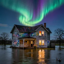 interior of a flooded old house. aurora borealis. iridescent, psychedelic colors. painting by hammershoi, monet, georges de la tour, mark rothko, agnes pelton, hockney