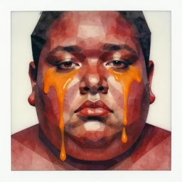 watercolor low poly, a liquid dark red portrait of a fat face melt down flow go runny, face painted with orange thick fluid by marlene dumas, low poly, realistic detailed watercolor polaroid, grainy image, contrast, realistic detailed, eyes are blur, close up view
