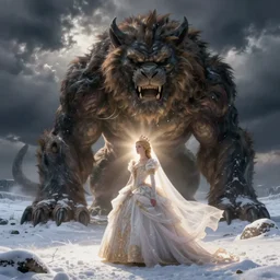 a princess, slain giant monster, snowy tundra, storm clouds, dramatic lighting, hudson river school