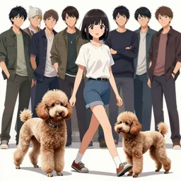 cell shaded, a cute anime girl walking with a realistic hyper detailed poodle, wlop, ilya kuvshinov, artgerm, krenz cushart, greg rutkowski, hiroaki samura, range murata, james jean, katsuhiro otomo, erik jones