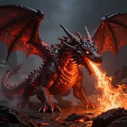 a beautiful matte painting of an ancient lava dragon breathing fire, glowing, ray traced