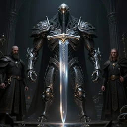 masterpiece, medieval viking divine sword of power, shiny blade and stylized hilt, doom, elegant, majestic, epic, art by h. r. giger, greg rutkowski, josan gonzalez, alexey egorov, biomechanical, alchemy, monogram
