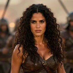 epic photo of muscular salma hayek as beautiful barbarian warrior princess with long curly black hair blowing in the wind in a battle scene, sweaty, detailed eyes, neutral expression, shallow depth of field, photorealistic, cinematic lighting, lovely bokeh, warm colours, dusk, movie quality, conan the destroyer 1 9 8 5, movie still